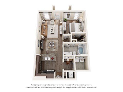 Floor plan for 1 bed, 1 bath, 729 sqft